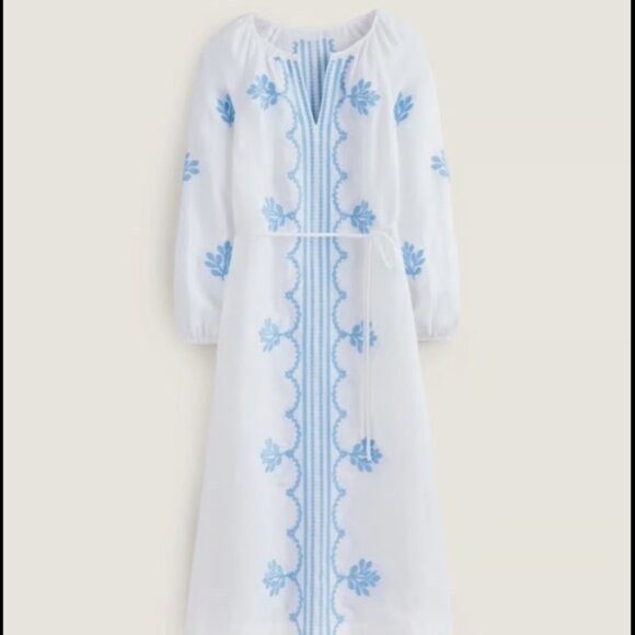 Boden Dresses & Skirts - BODEN White Linen Belted Midi Dress with Blue Embroidery US size 8P (UK 12P)
